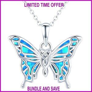 925 Sterling Silver Opal Butterfly Pendant Necklace, 18+2 Inch Chain, Gift for